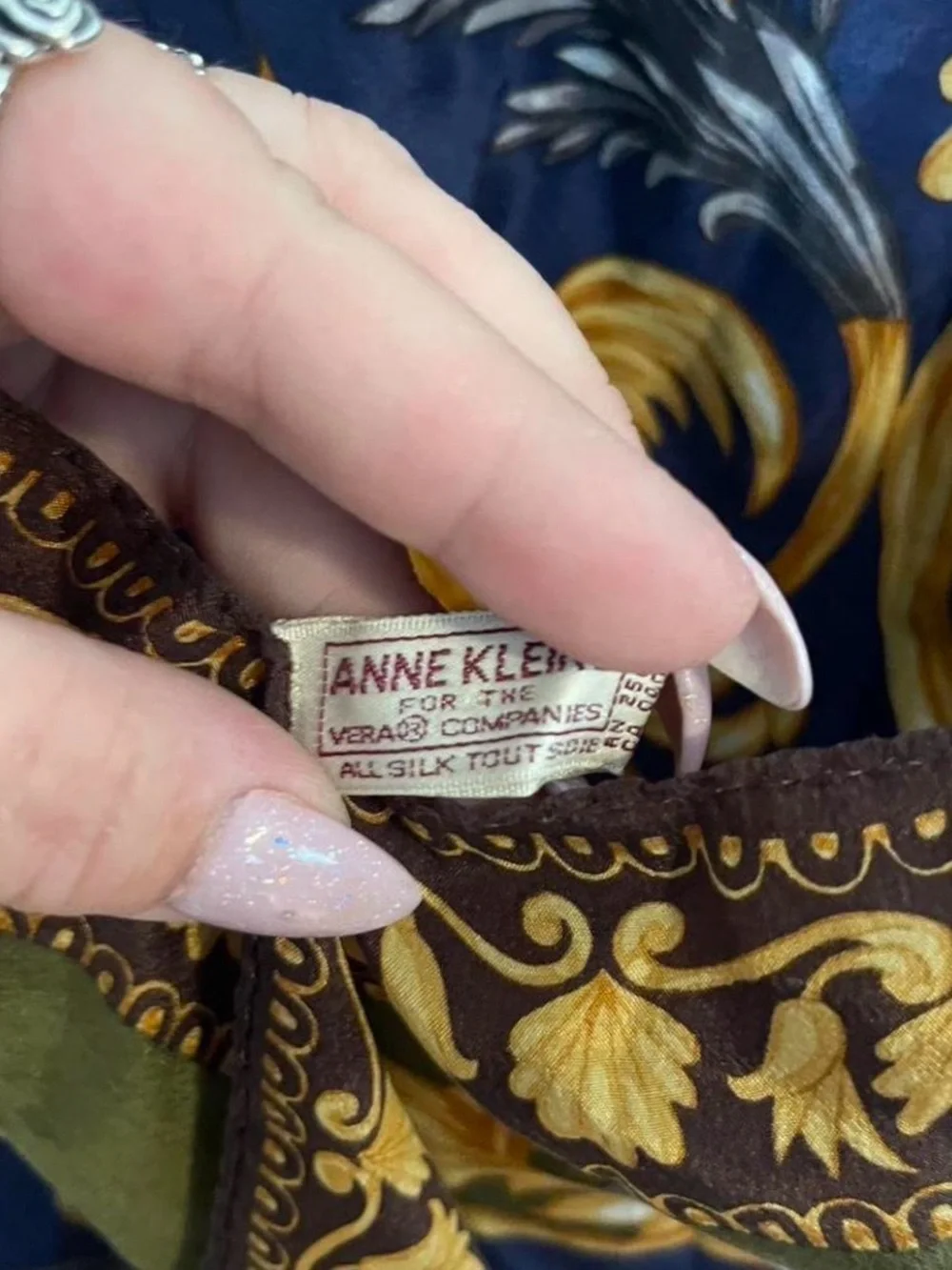 Anne Klein Brown and Gold Ornate Silk Scarf